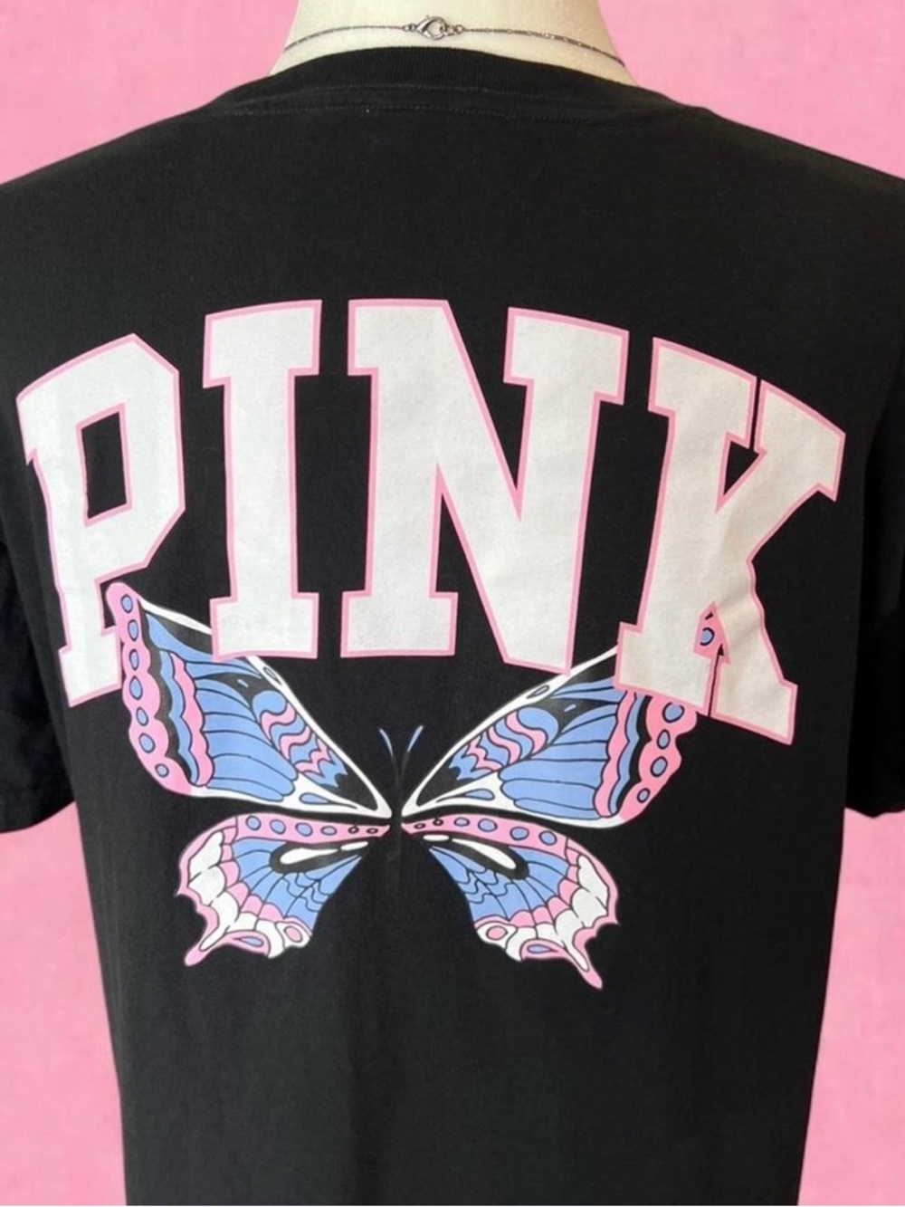 PINK Victoria's Secret Black Tee with Pink & Blue Butterfly Graphic